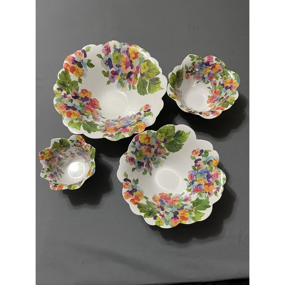 Rachael Zoe Melamine Floral Scalloped Dinner Set 4 Piece Bowls, Dishwasher Safe